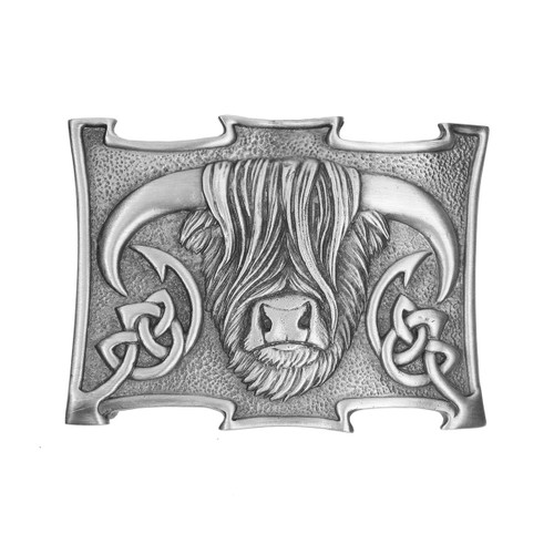 Highland cow pewter kilt buckle featuring detailed Heilan Coo design.