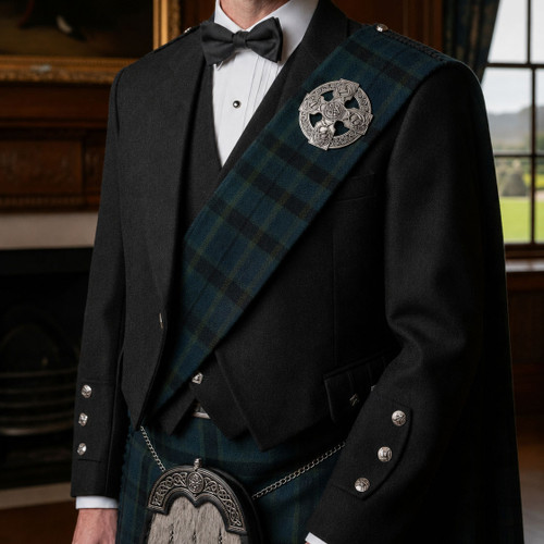Scottish plaid brooch with Celtic cross and thistle design on kilted model