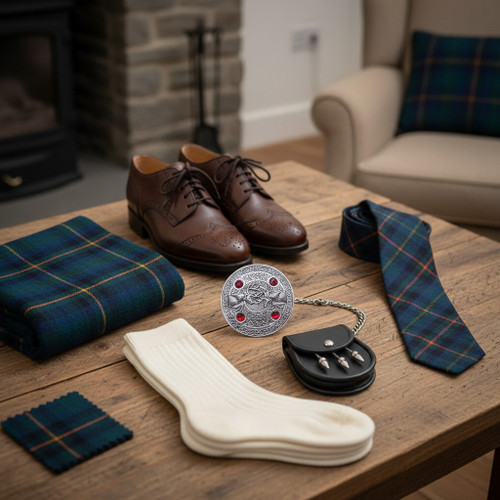 Highland outfit featuring Dueling Stags gem plaid brooch fastened to tartan fly plaid on formal kilt attire