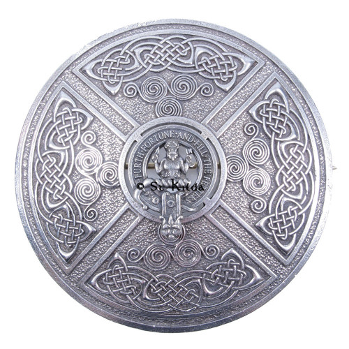 Celtic Spiral Clan Crest plaid brooch in polished pewter with detailed Celtic wave design and Scottish clan crest center