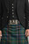 Scottish Prince Charlie jacket and vest worn with a tartan kilt, featuring a black leather kilt belt with an ornate pewter thistle buckle centered at the waist.