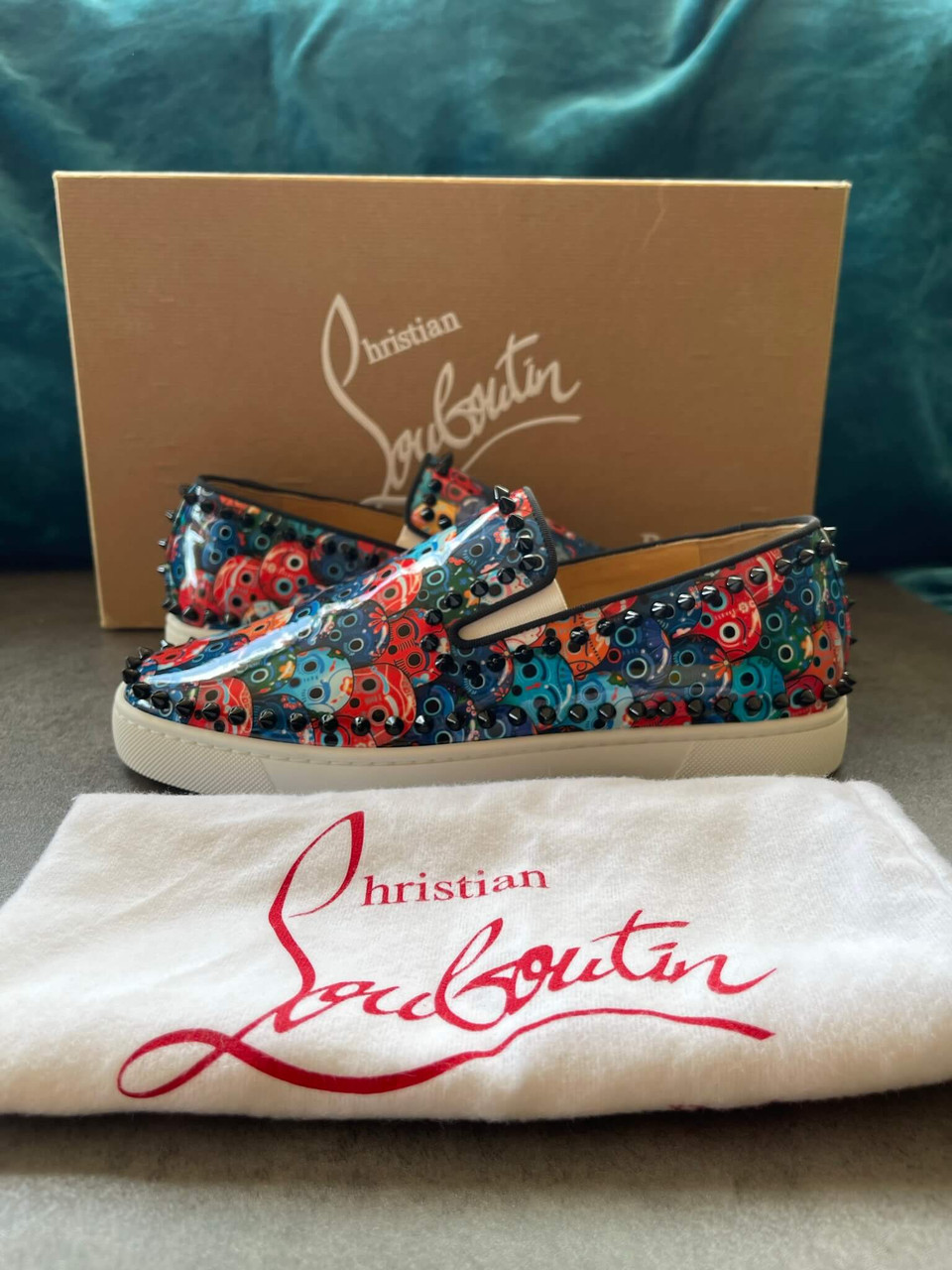 Christian Louboutin Roller Boat Slip-On Multicolor Skull Print Spiked SZ 44 Christian louboutin mens roller - Gem main image 3