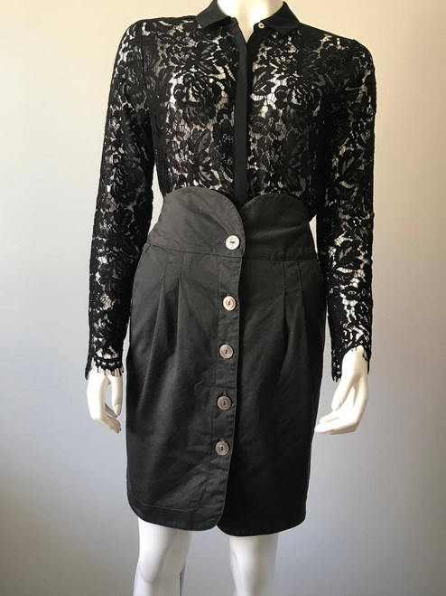 Silver Spoon Button-Front Grey Skirt front view in dark charcoal grey with curved high waistband & no-stretch fit