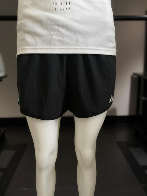 Adidas Black Running Shorts – front view on mannequin with  elastic waistband & small Adidas logo
