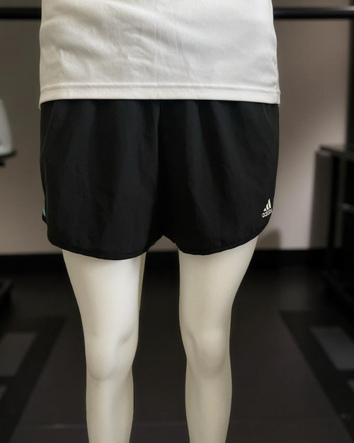 Adidas Black Running Shorts – front view on mannequin with  elastic waistband & small Adidas logo
