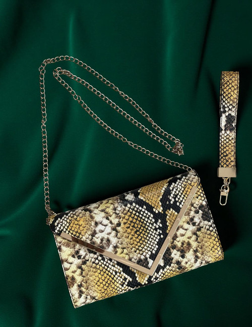 Aldo Yellow Snake Print Crossbody Envelope Clutch with beige & black & matching wristlet strap & crossbody gold chain