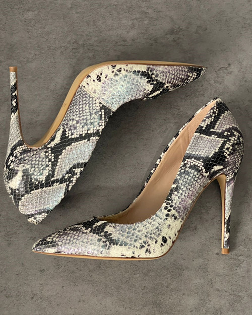Aldo Snake Print High Heels top view of side profiles with grey, cream, taupe snake print  with hints of purple shimmer