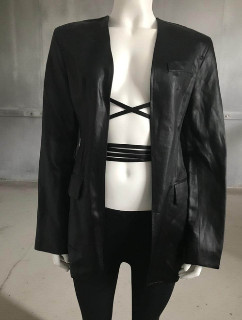Alexander Wang Open Tie Black Jacket front view in linen-blend, thin double ribbon wrapped under bust & stomach