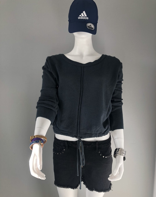 Be Hip Designer Wear Navy Knit Sweater front with wide neckline, exposed centre seam, ribbed long sleeves & drawstring hem