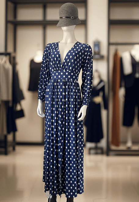 Charlie Irish Blue Polka Dot Maxi Dress - full front in white polka dots, long sleeves, deep V neckline shown on mannequin