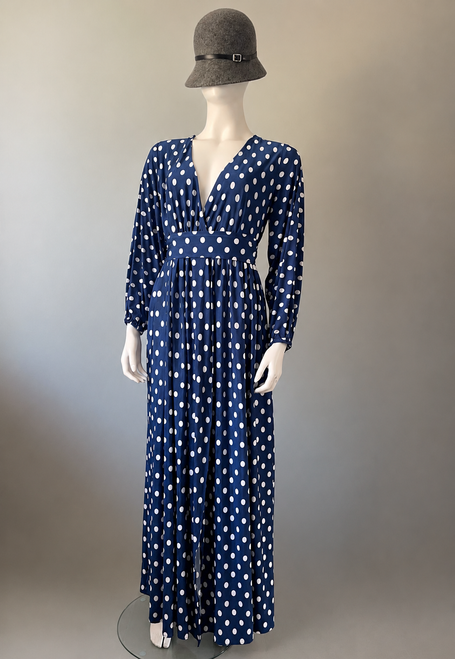 Charlie Irish Blue Polka Dot Maxi Dress full front in blue with white polka dots, long sleeves & deep V neckline