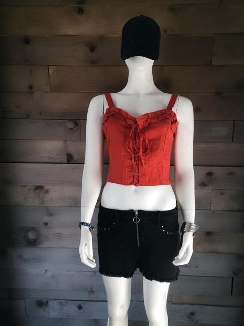 Cotton On Orange Lace-Up Crop Top full front on mannequin with shoulder straps, lace-up front & ruched detail