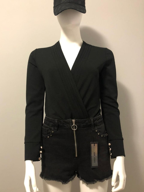 Daily Friday V Pleated Black Bodysuit front view in black with neck wrap design & cuffed long sleeves