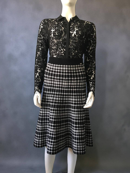 Daniel Hechter Black & White Check Knit Skirt front view showing black elastic waistband & mid-length A-line shape