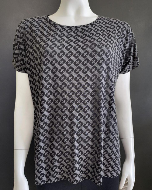 Diane Von Furstenberg Signature Print T-Shirt closer front view showing grey crew neck & black repeating broken cube pattern