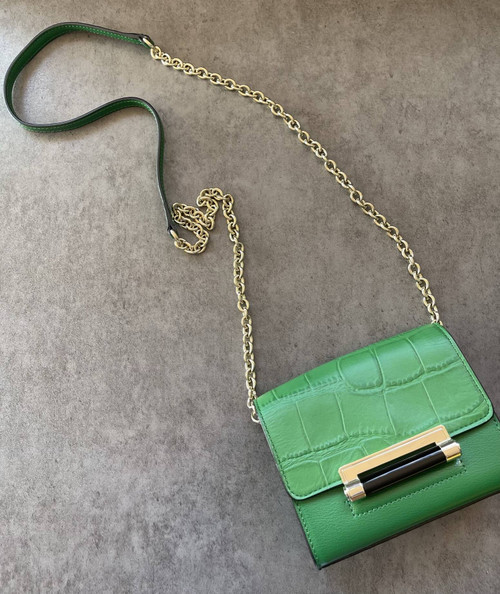 Diane Von Furstenberg Green Crossbody Mini Bag top down front view faux croc flap, gold chain strap with leather support