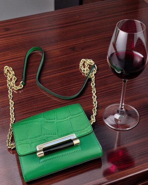 Diane Von Furstenberg Green Crossbody Micro Mini Bag full front with gold & black rectangle snap close