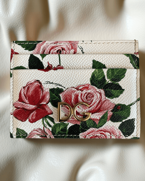 Dolce & Gabbana Rose Print Card Holder front with 2 card slots, pink & red rose print, gold DG logo & textured leather