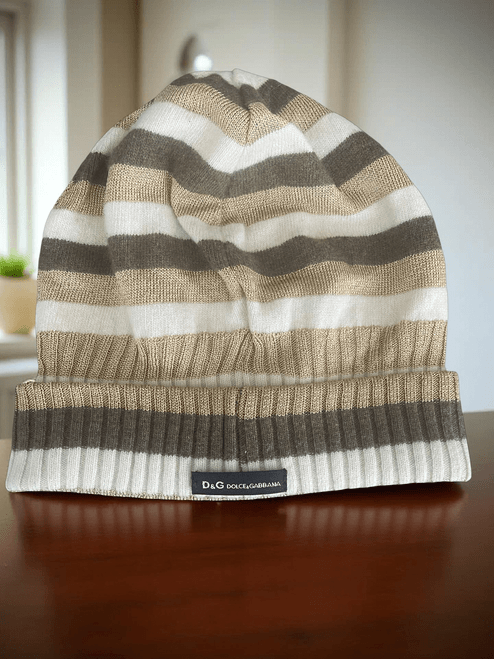 Dolce and Gabbana Wool Beanie Front view of ribbed cuff & beige, brown, white horizontal stripes & D&G logo