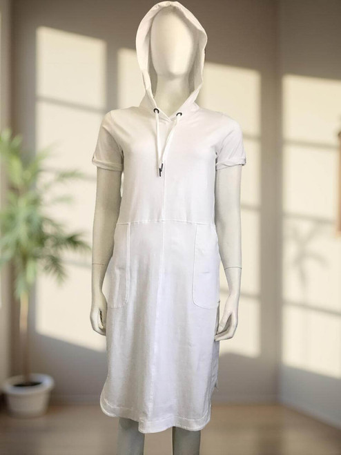 Earthaddict White Hoodie Midi Dress front view with in white fabric, relaxed hood, drawstring ties & oversized front pockets
