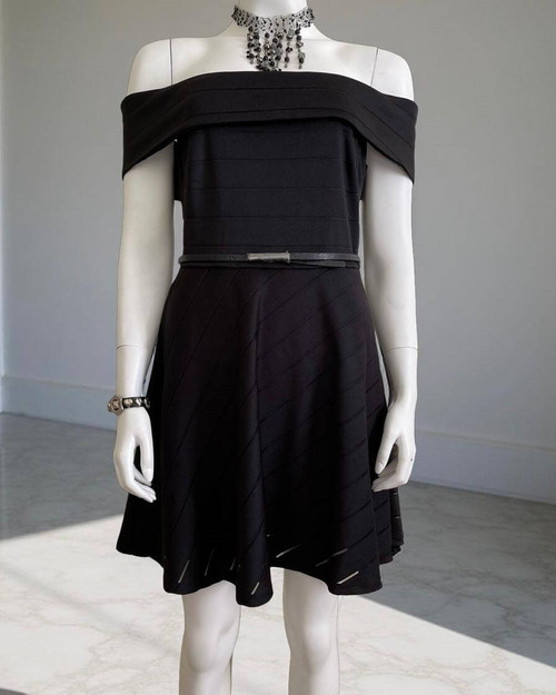 Forever New Black Bardot Fit & Flair Dress front view, foldover neckline, slim removable black textured belt & flared skirt