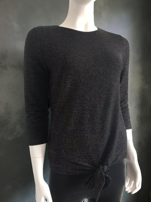 Foschini Black Waist Tie Glitter Knit Top angled front view in black knit with bronze shimmer & tie-front detail
