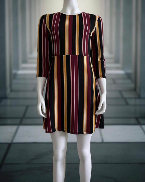 Free2BU Striped Mini Dress front view with vertical lines in burgundy, mustard yellow & black and 3/4 sleeves