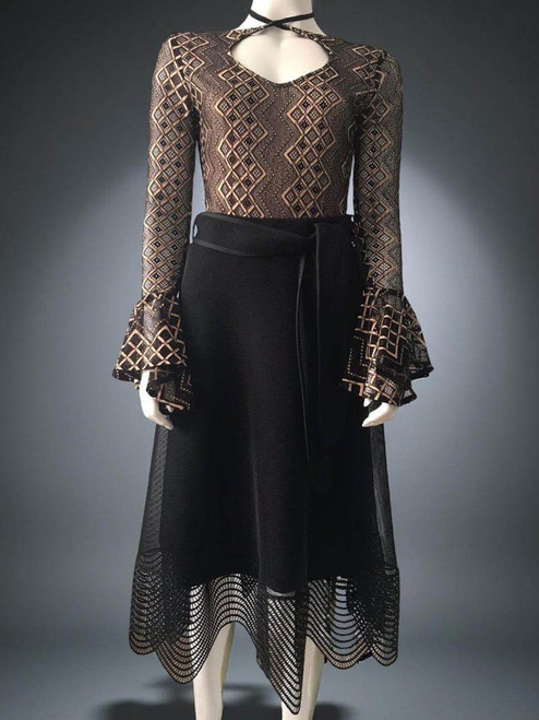 Gert Johan Coetzee Black & Gold Bodysuit full front view with geometric patterns, nude lining, bell cuffs & black skirt