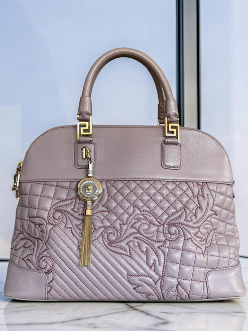Gianni Versace Vanitas Lavender Leather Shoulder Bag front view with quilted stitching, Greca gold hardware & Medusa charm
