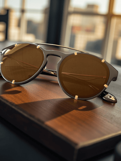 Givenchy Brown Tinted Aviator sunglasses folded on a table showing tinted brown lenses, black frame with gold accents