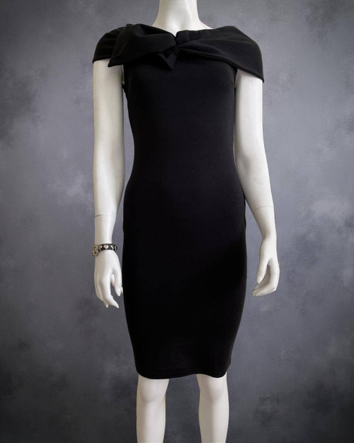 Goddess London Black Shoulder Wrap Bodycon mini Dress front view on mannequin with sculpted neckline & hugging fit