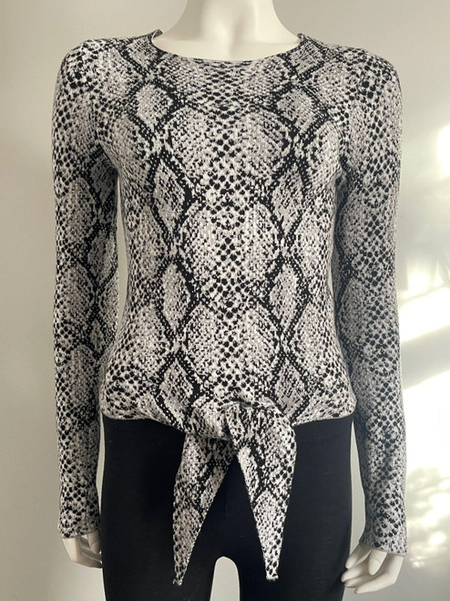 Guess Long Sleeve Knit Top front view with black & grey snake pattern, long sleeves & tied detail at the hem