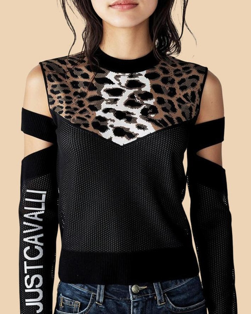 Just Cavalli Black Cut Out Leopard Print Sweater front view worn on model