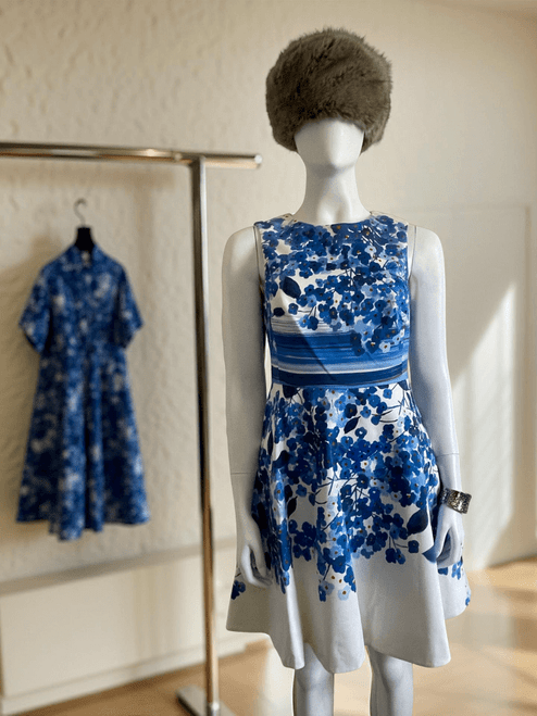 Karen Millen Blue Floral Cotton Mini Dress full front sleeveless in white base & blue floral print with red accents