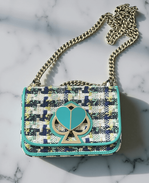 Kate Spade Nicola Tweed Twistlock Bag front view in Fuji green heart twist-lock & trim, multicolour tweed flap & silver chain