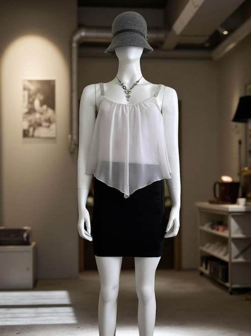 Lili London Bodycon Mini Dress front view showing white chiffon-like strappy top with angled hem & black skirt