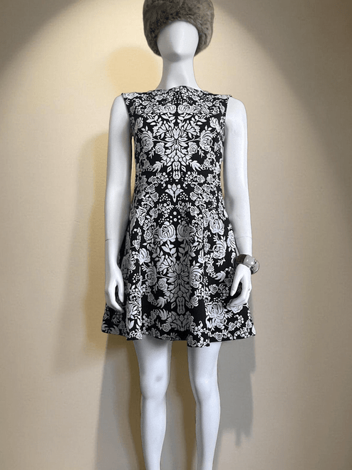 Lipsy London Black Fit & Flare sleeveless Mini Dress full front with all-over white embossed floral pattern