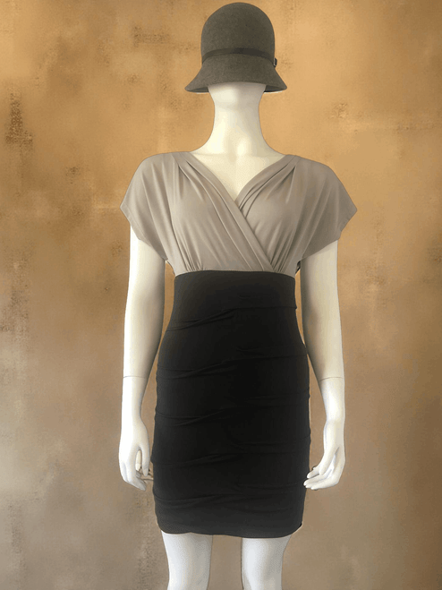Lora Piana Crossover V-Neck Ruched Bodycon Dress front on mannequin in dove grey crossover top & dark grey ruched skirt