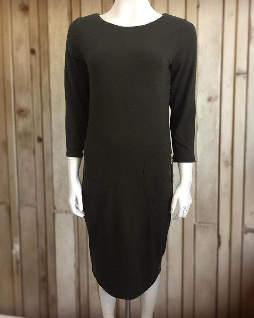 Truworths LTD Olive Midi Dress with Pockets front view with round neck & below-knee cut & 2 side pockets with gold zips