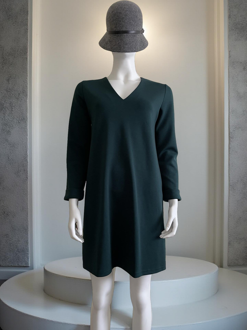 Mango Emerald Green V-Neck Shift Mini Dress front view with V-neck, long cuffed sleeves, & slight flared skirt