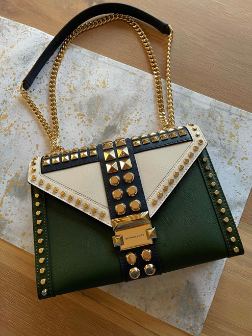 Michael Kors Whitney Saffiano Leather Crossbody front top view in green & cream, gold stud panels & doubled up gold chain