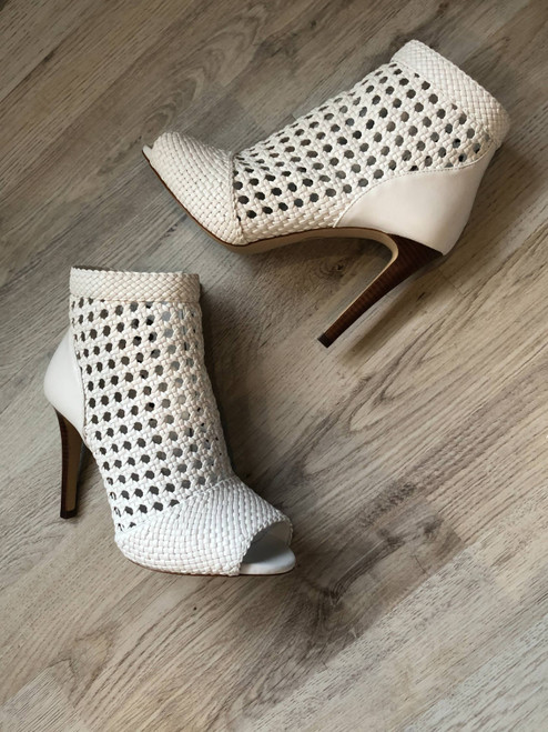 Michael Kors White Leather Peep Toe Boots top down showing woven style, almond peep toe & brown short heel