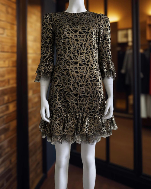 Michael Kors Metallic Gold Lace Mini Dress front view showing tiered hem, sheer 3/4 sleeves & metallic paisley lace