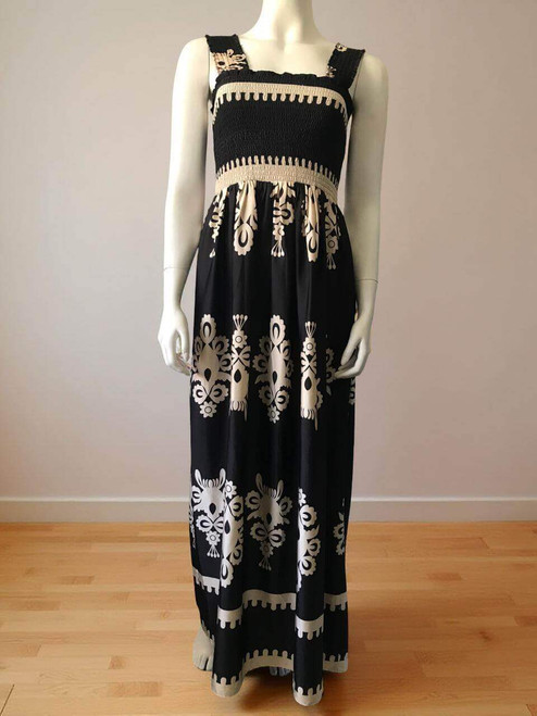 Miss Port Black Printed Maxi Dress full front in sleeveless fit with cream print, fitted elastic bodice & wide straps