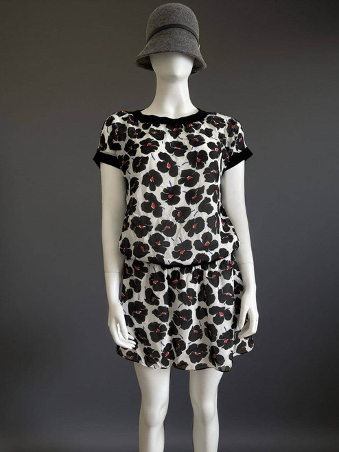 Moschino Boutique Floral Mini Dress front view with black trim on neck & short sleeves, black, red & blue flowers