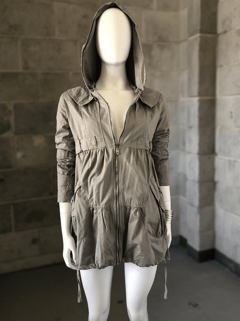 Lightweight Hooded Jacket by Nude front view in warm beige grey, gathered waist, front silver zip & hood