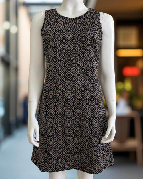 Oasis Geo Glitter Print Mini Dress  full front showing navy sleeveless shift silhouette with gold geometric glitter pattern