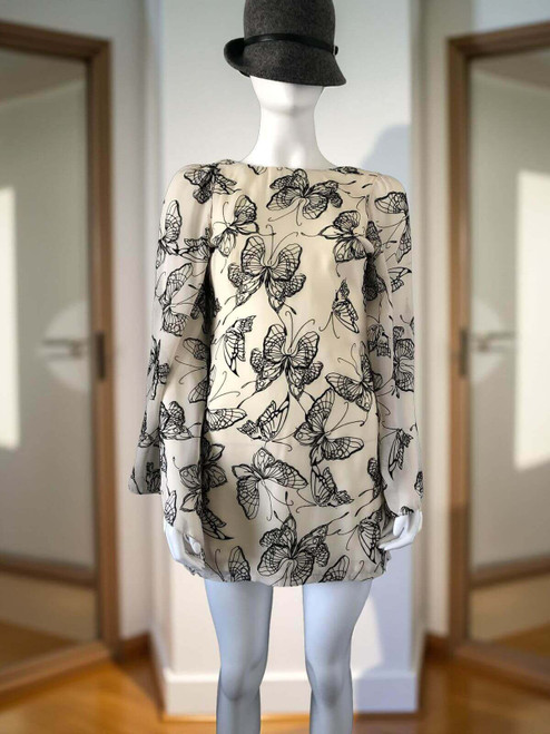 Rare Butterfly Print Mini Dress front view in light yellow base covered in suede-like black large butterflies
