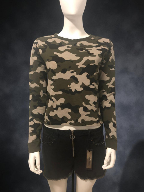 Woolworths Re: Denim Camo Print Sweater front crewneck, green, black & tan camouflage, ribbed neckline & cuffs