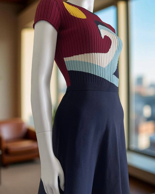 Red Valentino Knit Mini Dress angled side view in short sleeves , graphic print & navy skirt & fitted silhouette